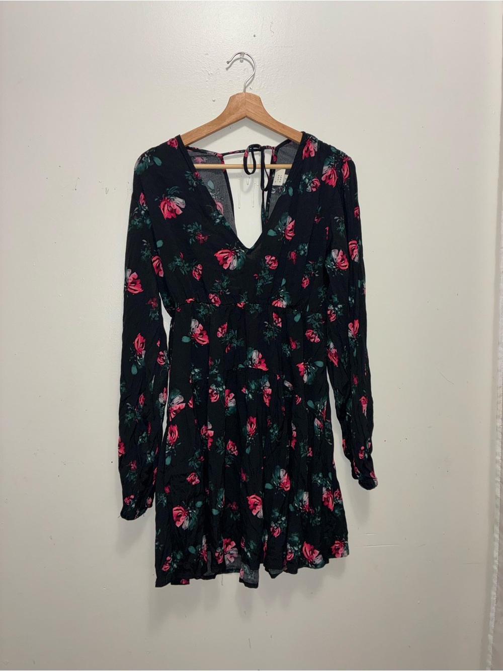 a new day Black Floral Long-Sleeve V-Neck Mini Dress with Pink Roses